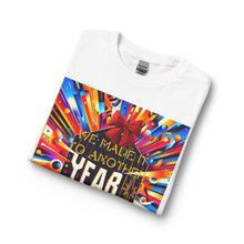 Load image into Gallery viewer, Long Sleeve T-Shirt — "We Made It to Another Year" Colorful Celebration Graphic (Back: Afrocentric Headphones Portrait)