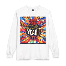 Load image into Gallery viewer, Long Sleeve T-Shirt — "We Made It to Another Year" Colorful Celebration Graphic (Back: Afrocentric Headphones Portrait)