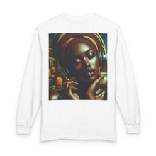 Load image into Gallery viewer, Long Sleeve T-Shirt — "We Made It to Another Year" Colorful Celebration Graphic (Back: Afrocentric Headphones Portrait)